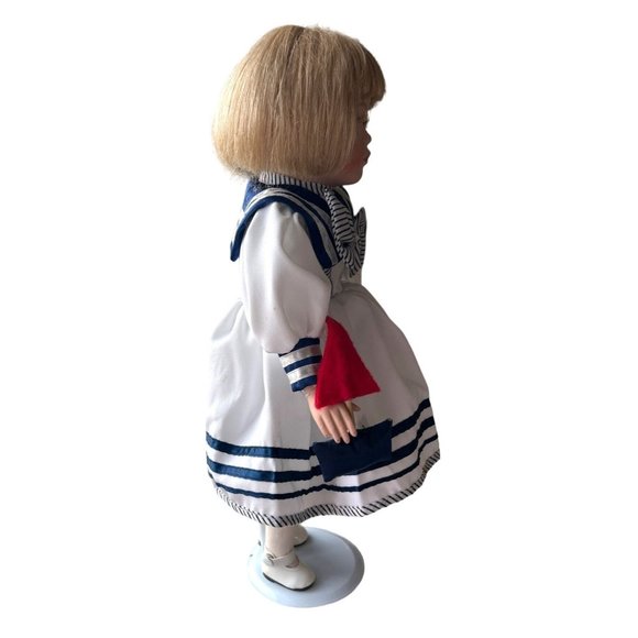 Vintage Porcelain Doll Dressed in a Sailor Dress 15 Inches Tall - Stand Included - Picture 3 of 7